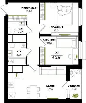 2-к квартира, строящийся дом, 61м2, 22/25 этаж
