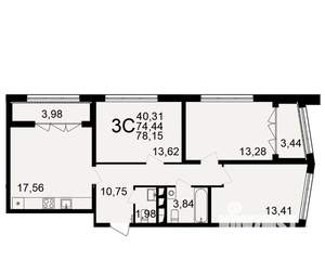 3-к квартира, строящийся дом, 74м2, 3/18 этаж