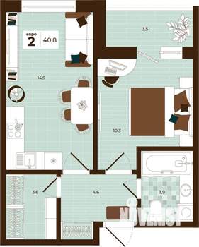 2-к квартира, строящийся дом, 41м2, 5/14 этаж