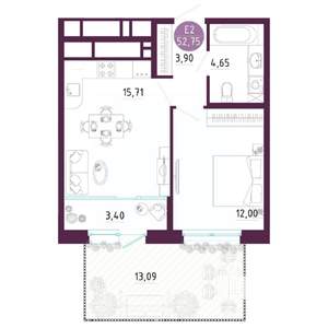 1-к квартира, вторичка, 53м2, 1/10 этаж