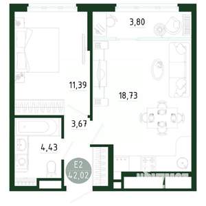 1-к квартира, строящийся дом, 42м2, 22/25 этаж