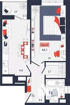 2-к квартира, строящийся дом, 46м2, 14/14 этаж