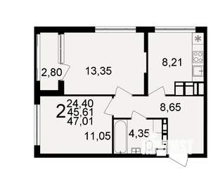 2-к квартира, строящийся дом, 46м2, 13/20 этаж