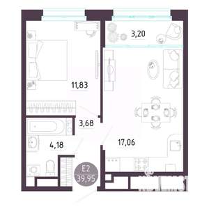 1-к квартира, строящийся дом, 40м2, 9/10 этаж