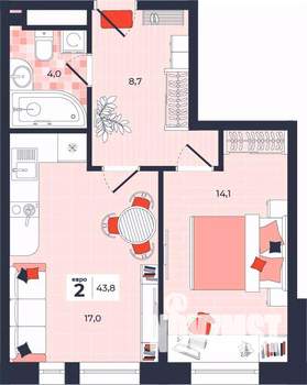 2-к квартира, строящийся дом, 44м2, 12/14 этаж