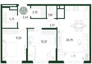 2-к квартира, строящийся дом, 66м2, 22/25 этаж