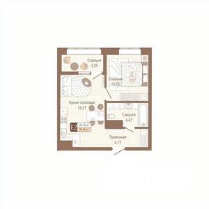1-к квартира, строящийся дом, 37м2, 13/14 этаж