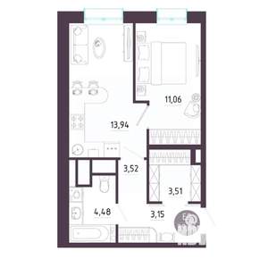 1-к квартира, строящийся дом, 40м2, 6/10 этаж
