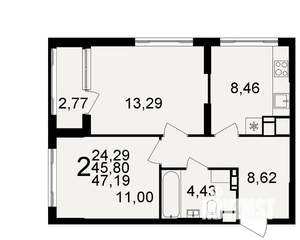 2-к квартира, строящийся дом, 46м2, 1/20 этаж