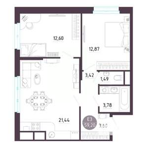 2-к квартира, строящийся дом, 59м2, 10/10 этаж