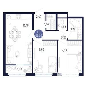 2-к квартира, строящийся дом, 53м2, 12/25 этаж