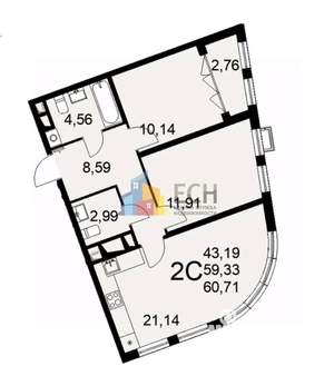 2-к квартира, вторичка, 61м2, 12/16 этаж