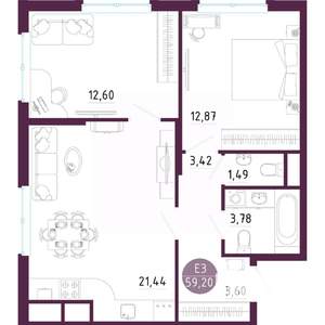 2-к квартира, вторичка, 59м2, 10/10 этаж