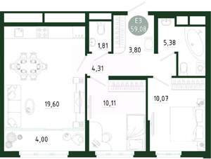 2-к квартира, строящийся дом, 59м2, 12/25 этаж