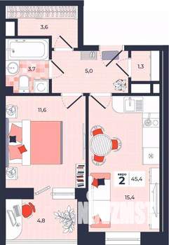 2-к квартира, строящийся дом, 45м2, 11/14 этаж