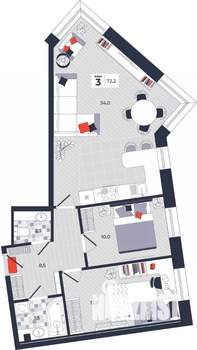 3-к квартира, строящийся дом, 72м2, 11/14 этаж