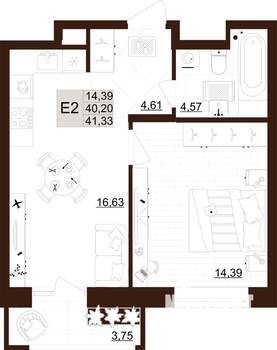 1-к квартира, строящийся дом, 41м2, 1/12 этаж