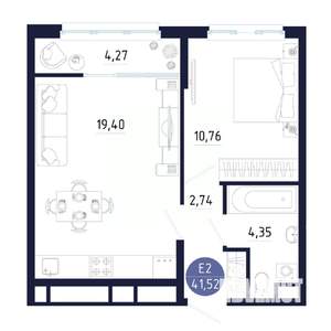 1-к квартира, строящийся дом, 42м2, 13/25 этаж