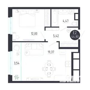 1-к квартира, строящийся дом, 45м2, 6/8 этаж