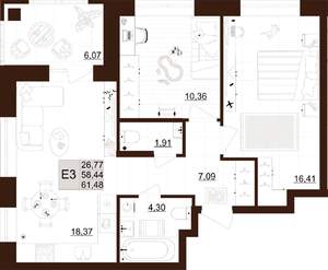 2-к квартира, строящийся дом, 61м2, 1/12 этаж
