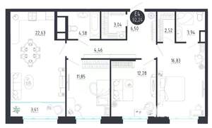 3-к квартира, строящийся дом, 92м2, 3/8 этаж