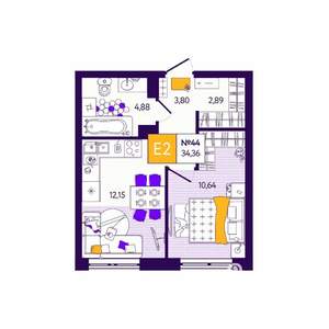 1-к квартира, вторичка, 34м2, 4/12 этаж