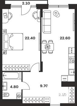 1-к квартира, вторичка, 64м2, 4/9 этаж