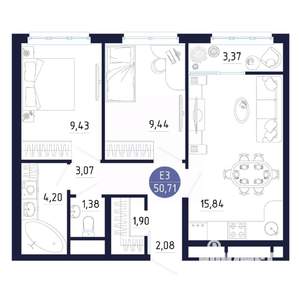 1-к квартира, строящийся дом, 51м2, 2/25 этаж