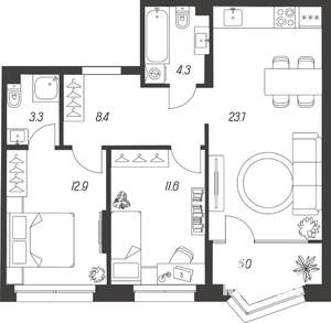 3-к квартира, строящийся дом, 68м2, 14/24 этаж