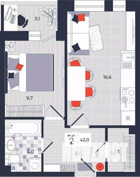 2-к квартира, строящийся дом, 42м2, 2/14 этаж