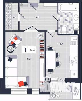 1-к квартира, строящийся дом, 47м2, 2/14 этаж