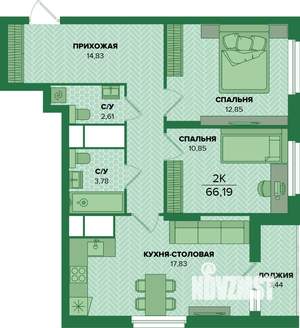 2-к квартира, вторичка, 66м2, 20/25 этаж