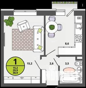 1-к квартира, вторичка, 30м2, 3/3 этаж