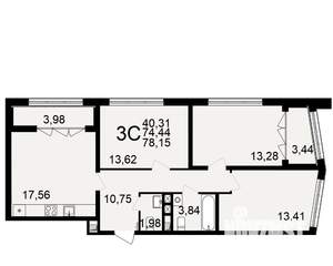 3-к квартира, строящийся дом, 74м2, 1/18 этаж