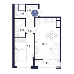 1-к квартира, строящийся дом, 44м2, 11/25 этаж