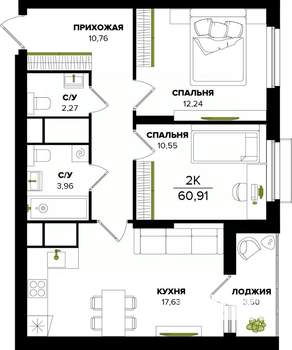 2-к квартира, строящийся дом, 61м2, 20/25 этаж