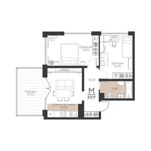 2-к квартира, строящийся дом, 57м2, 1/5 этаж