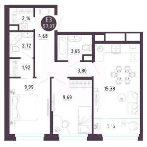 2-к квартира, вторичка, 57м2, 6/10 этаж