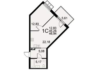 1-к квартира, строящийся дом, 45м2, 2/11 этаж