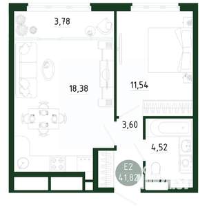 1-к квартира, строящийся дом, 42м2, 8/25 этаж
