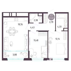 2-к квартира, строящийся дом, 61м2, 10/10 этаж