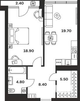 1-к квартира, вторичка, 60м2, 3/9 этаж