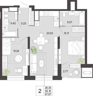 2-к квартира, вторичка, 68м2, 9/21 этаж