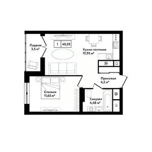 1-к квартира, строящийся дом, 43м2, 25/25 этаж