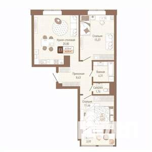 2-к квартира, строящийся дом, 64м2, 4/14 этаж