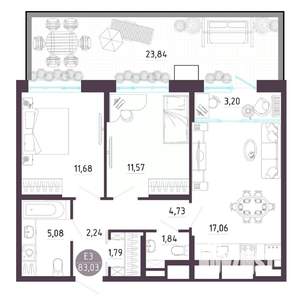 3-к квартира, строящийся дом, 83м2, 1/10 этаж