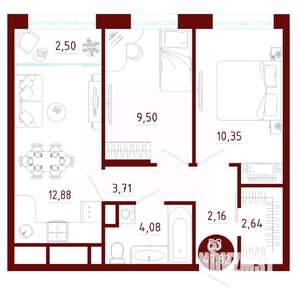 2-к квартира, вторичка, 48м2, 2/10 этаж