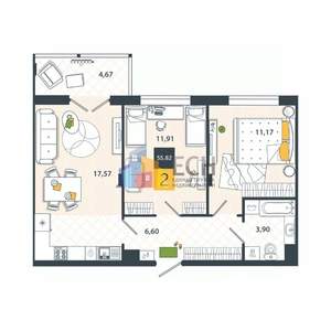 2-к квартира, вторичка, 50м2, 1/8 этаж