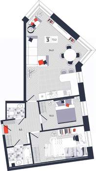 3-к квартира, строящийся дом, 72м2, 6/14 этаж