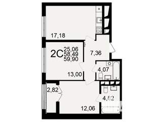 2-к квартира, строящийся дом, 58м2, 15/18 этаж